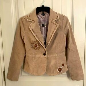 Aziz Womens S Beige‎ Embroidered Corduroy Blazer Jacket With Floral Design